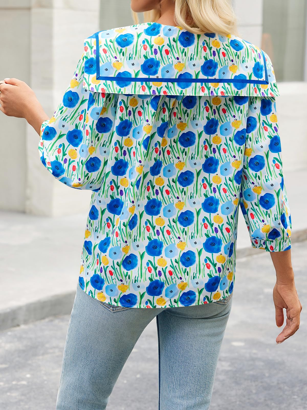 HOT SALE Women's Floral Collared 3/4 Lantern Sleeve Button Down Shirt