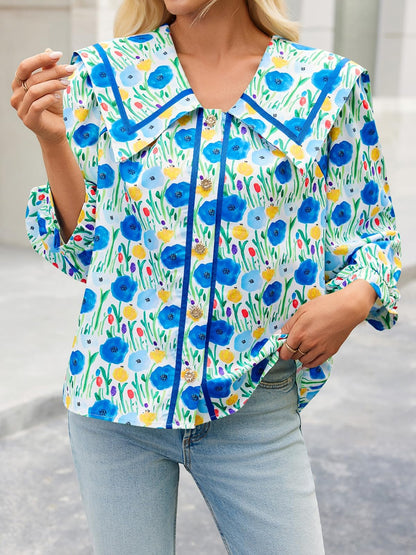 HOT SALE Women's Floral Collared 3/4 Lantern Sleeve Button Down Shirt