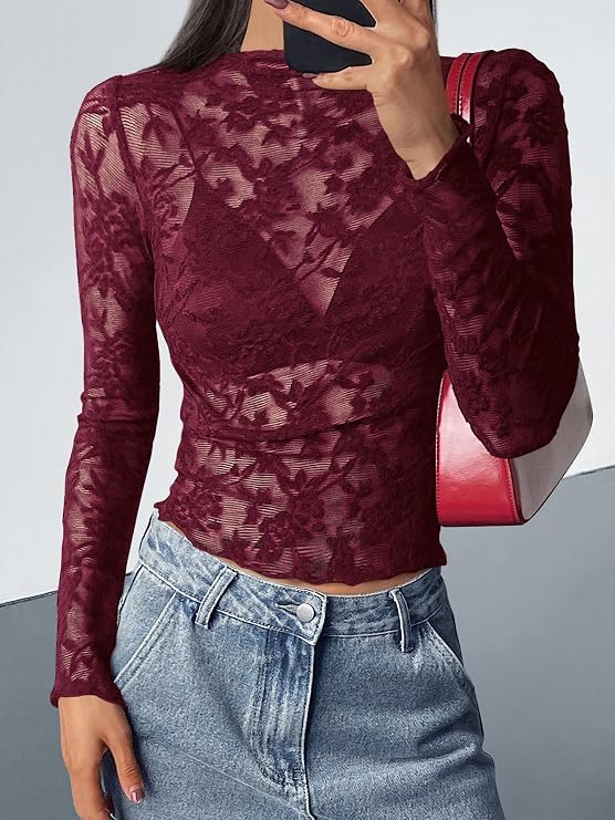 Textured Lace Mesh Long Sleeve Top