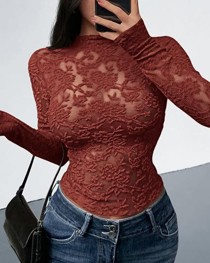 Textured Lace Mesh Long Sleeve Top