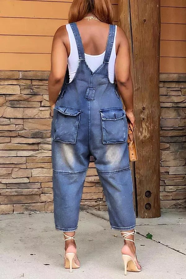 2026 Fashion Casual Designer Style Denim Suspender Jumpsuit