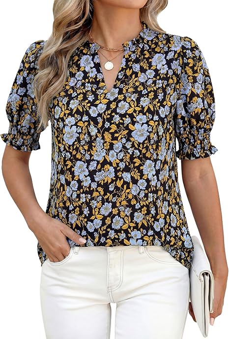 2026 New Floral Bohemian Style V-neck Puff Sleeve Short-sleeved Top(BUY 2 FREE SHIPPING)
