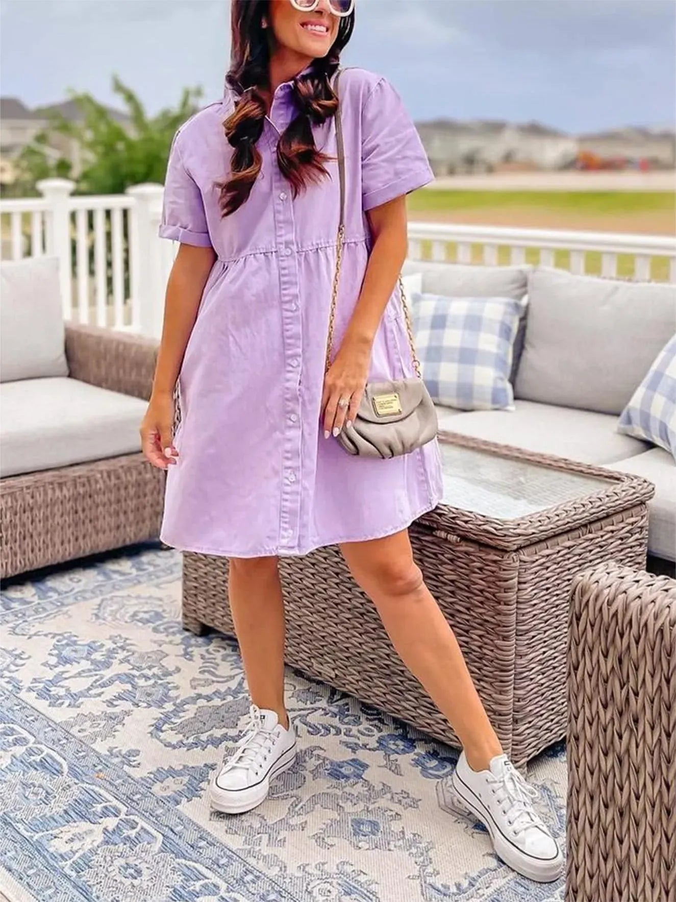 Women's Short Sleeve Button Down Flowy Tiered Babydoll Denim Dress（Buy 2 Free Shipping）