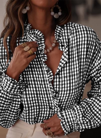 Fashionable women's plaid ruffled V-neck button-down shirt(BUY 2 FREE SHIPPING)
