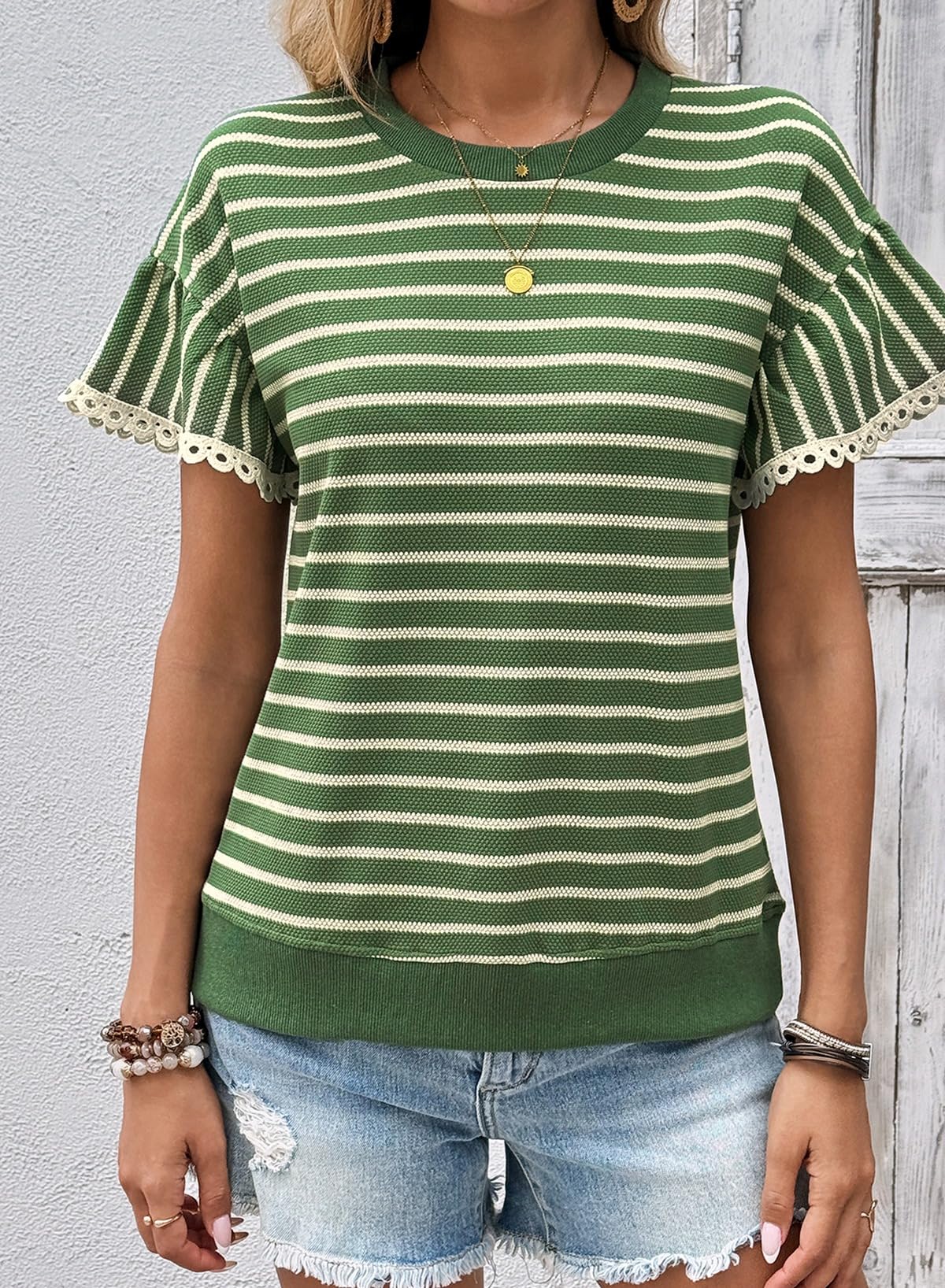 HOT SALE Women's Knit Striped Color Block Ruffled Short Sleeve Top（buy 2 free shipping）