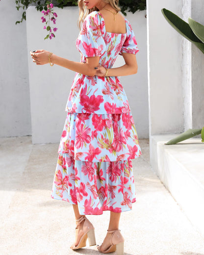 Women's Floral Square Neck Puff Short Sleeve Smocked Tiered Dress