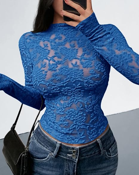 Textured Lace Mesh Long Sleeve Top