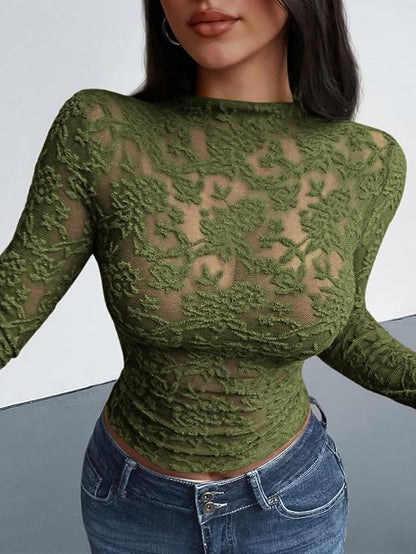 Textured Lace Mesh Long Sleeve Top