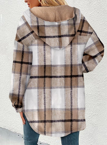 Women's Flannel Hooded Button down Fleece Plaid Shacket