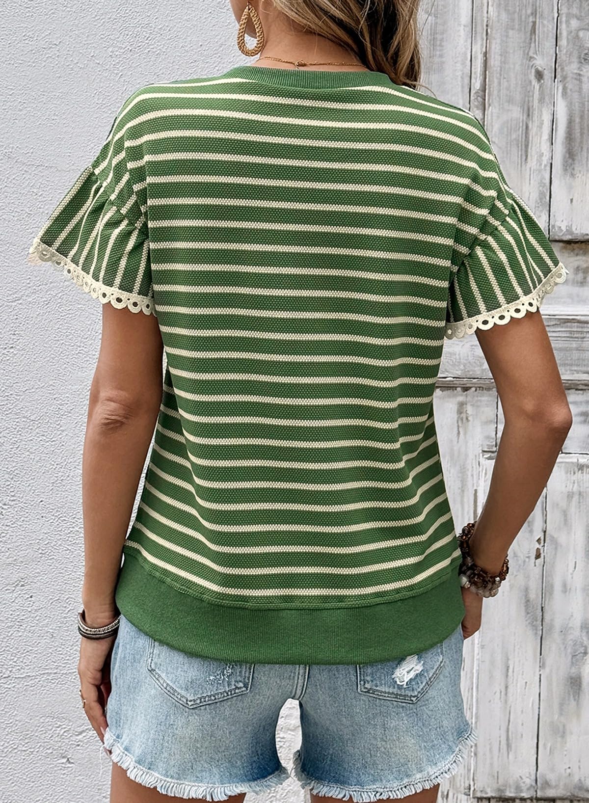 HOT SALE Women's Knit Striped Color Block Ruffled Short Sleeve Top（buy 2 free shipping）