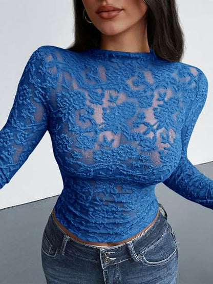 Textured Lace Mesh Long Sleeve Top