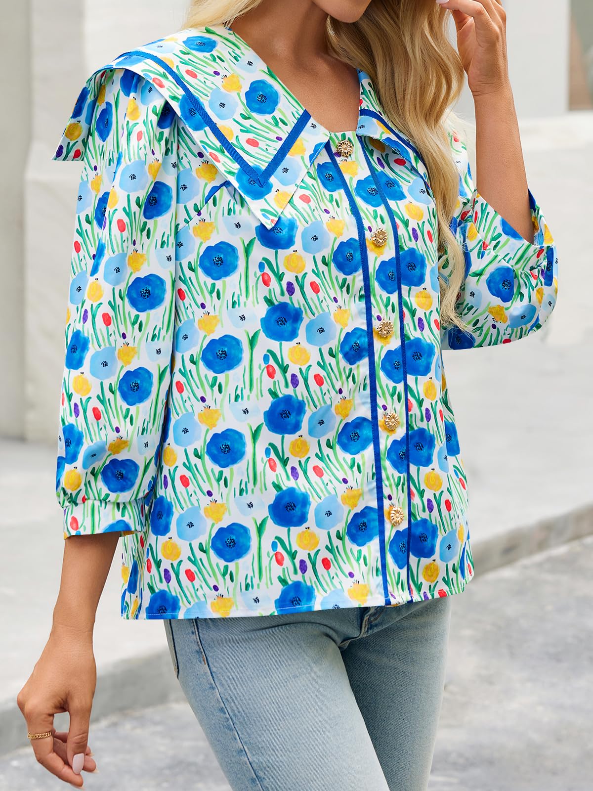 HOT SALE Women's Floral Collared 3/4 Lantern Sleeve Button Down Shirt