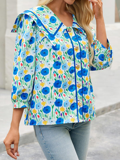 HOT SALE Women's Floral Collared 3/4 Lantern Sleeve Button Down Shirt