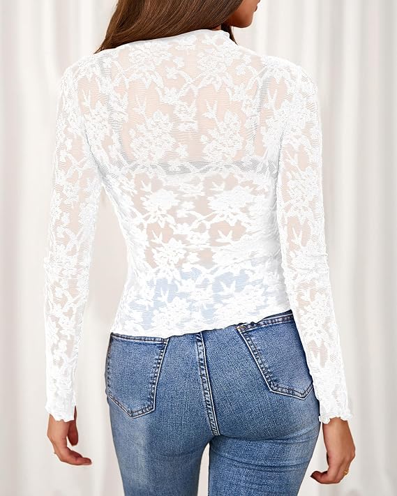Textured Lace Mesh Long Sleeve Top