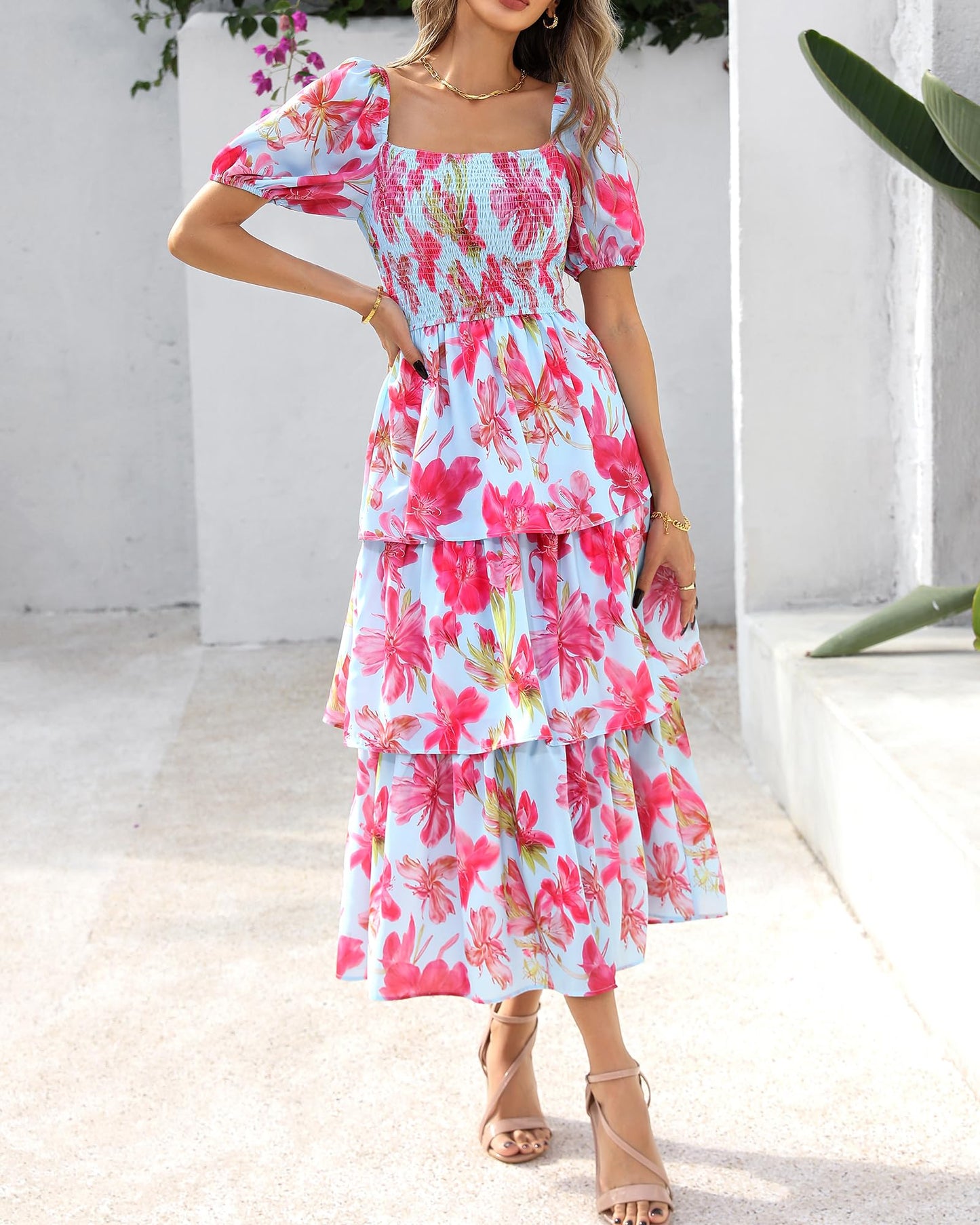 Women's Floral Square Neck Puff Short Sleeve Smocked Tiered Dress
