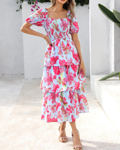 Women's Floral Square Neck Puff Short Sleeve Smocked Tiered Dress