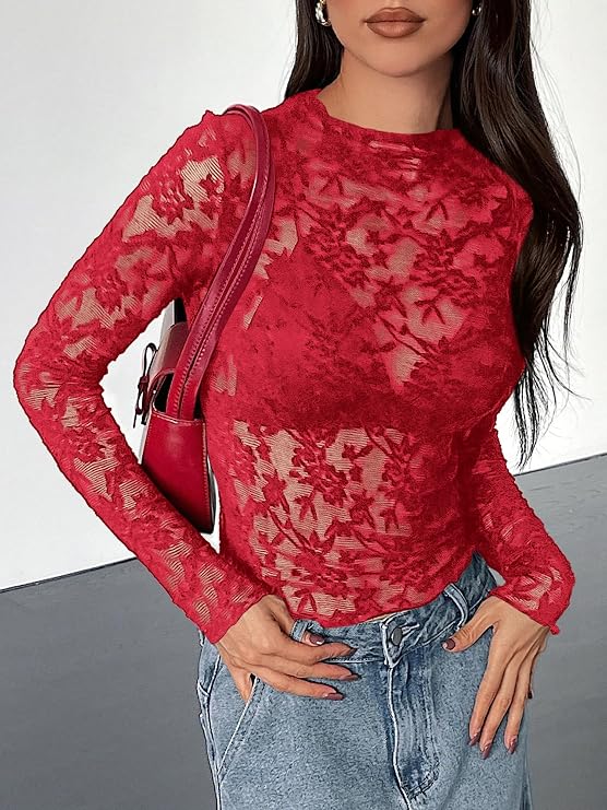 Textured Lace Mesh Long Sleeve Top