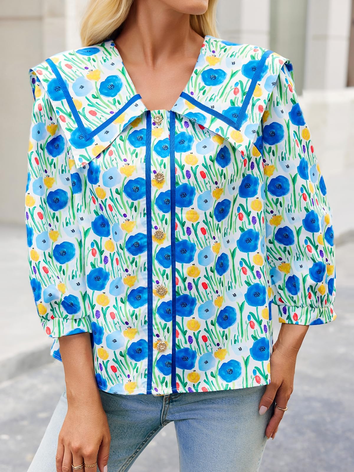 HOT SALE Women's Floral Collared 3/4 Lantern Sleeve Button Down Shirt
