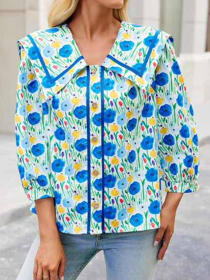 HOT SALE Women's Floral Collared 3/4 Lantern Sleeve Button Down Shirt