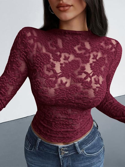 Textured Lace Mesh Long Sleeve Top