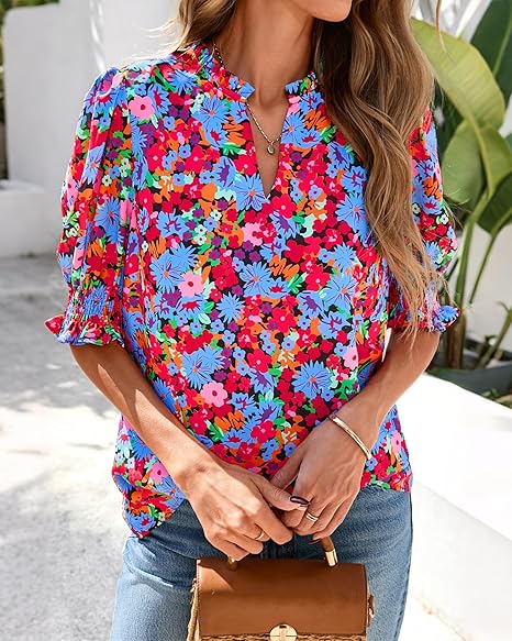 2026 New Floral Bohemian Style V-neck Puff Sleeve Short-sleeved Top(BUY 2 FREE SHIPPING)