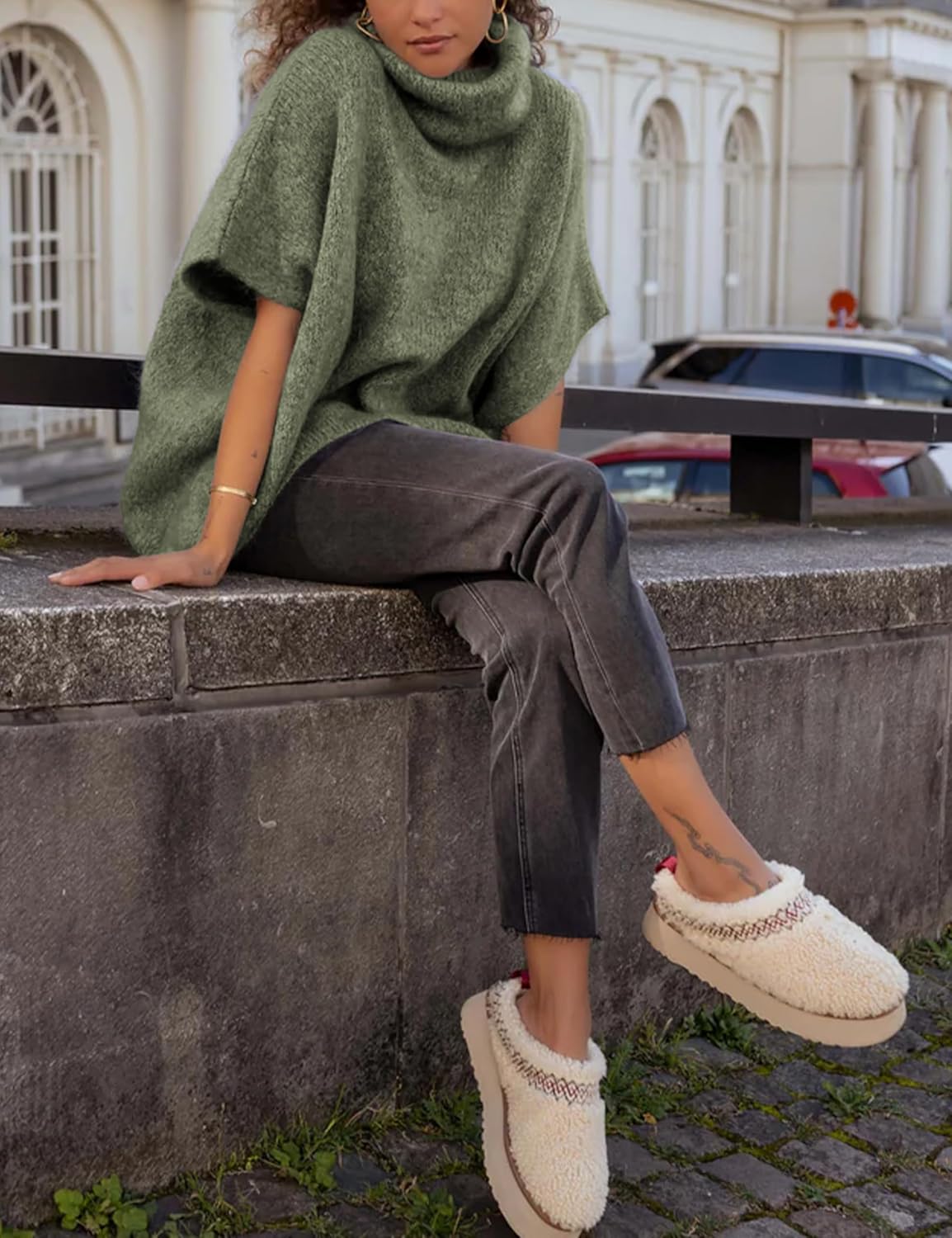 Hot Sale-Women's Turtleneck Cropped Bat Sleeve Knit Top