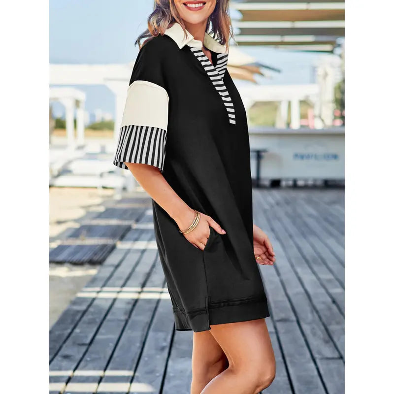 Women's Polo V Neck T Shirt Dress Casual Summer Oversized Color Block Short Sleeve Sweatshirt Mini Dresses