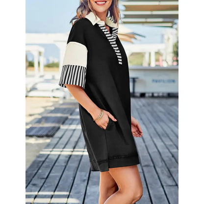 Women's Polo V Neck T Shirt Dress Casual Summer Oversized Color Block Short Sleeve Sweatshirt Mini Dresses