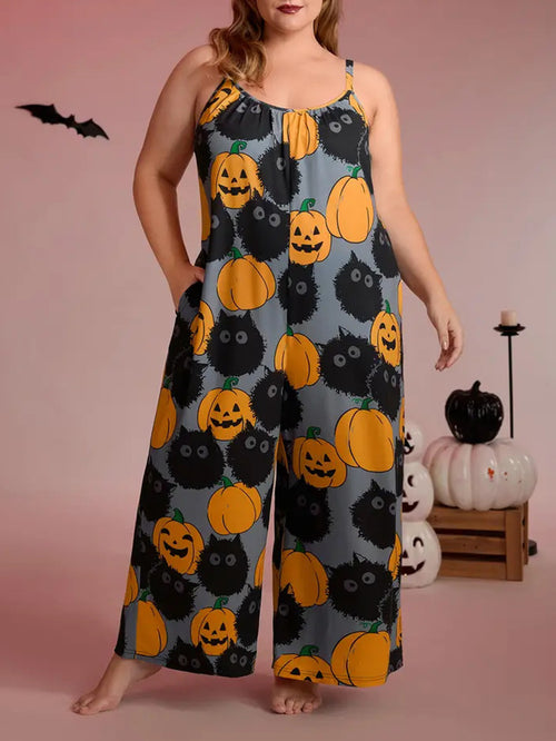 Plus-size pumpkin print wide-leg jumpsuit
