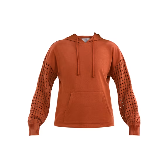 Women Mixed Knit Long Sleeve Hoodie With Pocket