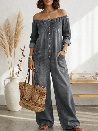 Women's Fashionable Sexy Single-Breasted Off-Shoulder Washed Faux Denim Jumpsuit