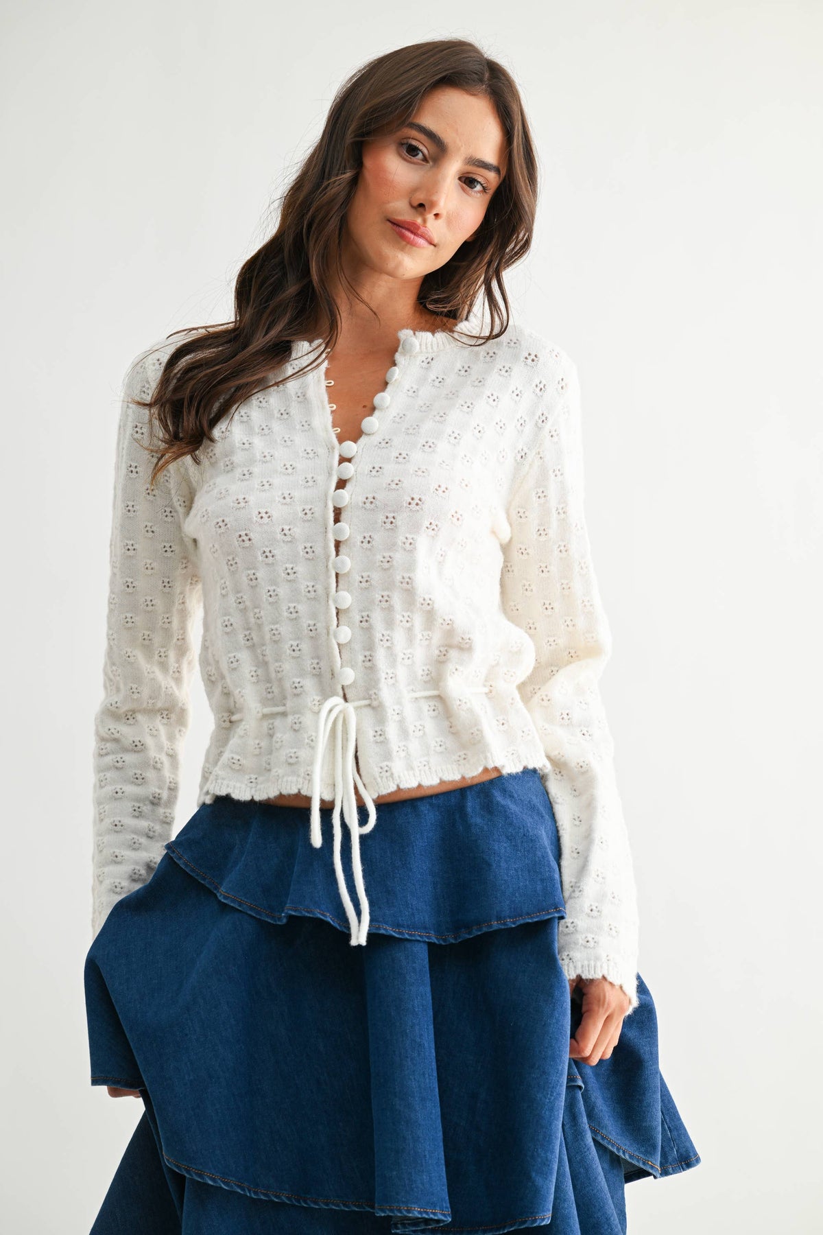 Women's Hollow Out Crochet Cardigan, V Neck Tie Front Long Sleeve Knit Crop Top