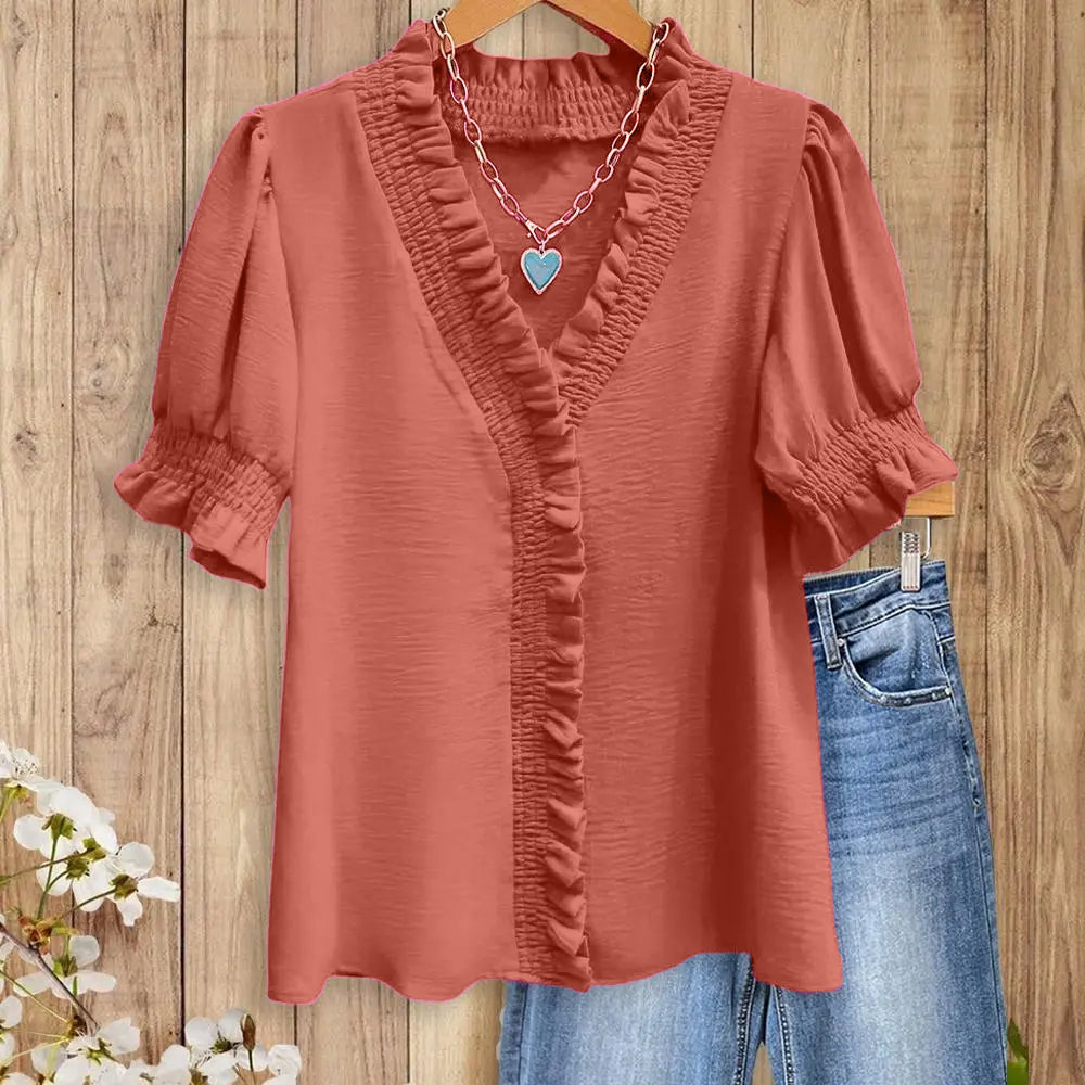 Womens Smocked Ruffle Trim V-Neck Blouse