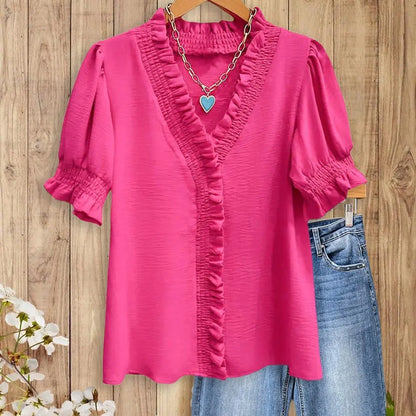 Womens Smocked Ruffle Trim V-Neck Blouse