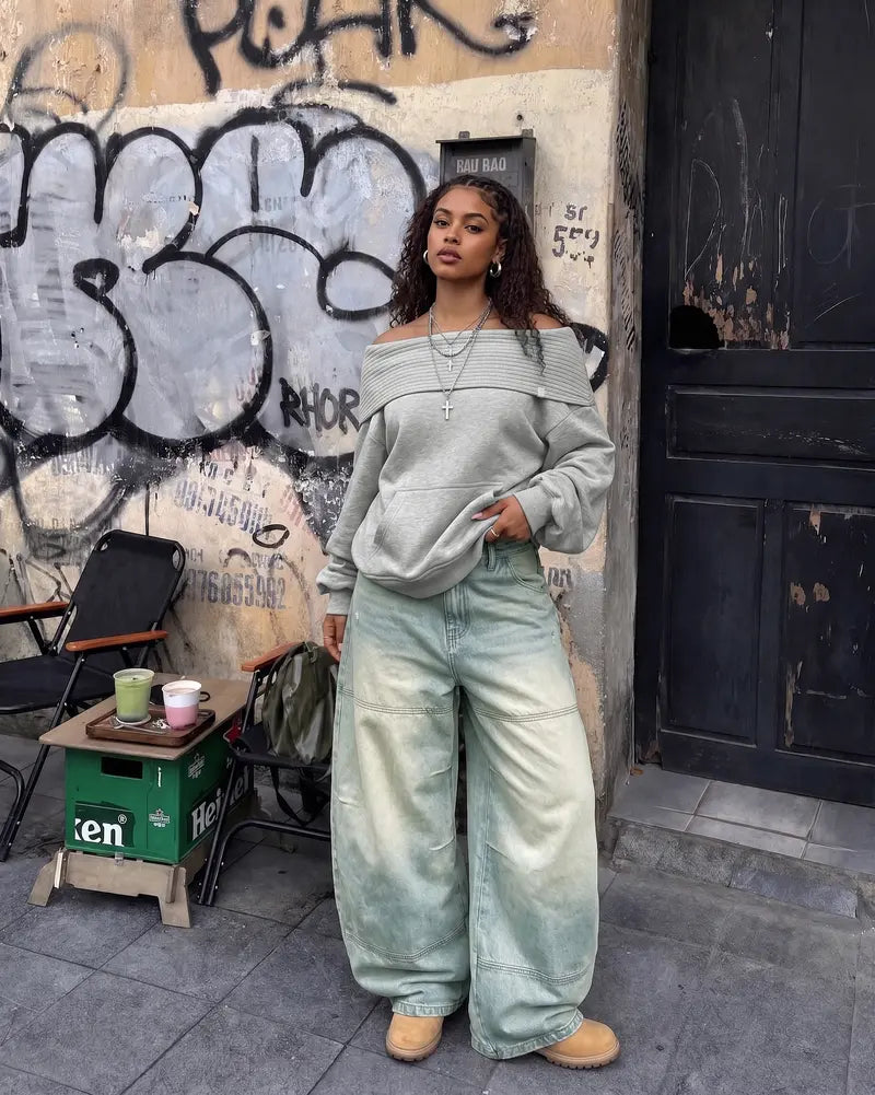 Dual Style Knit Hoodie, Convertible Off Shoulder / Hooded Balloon Sleeve Top