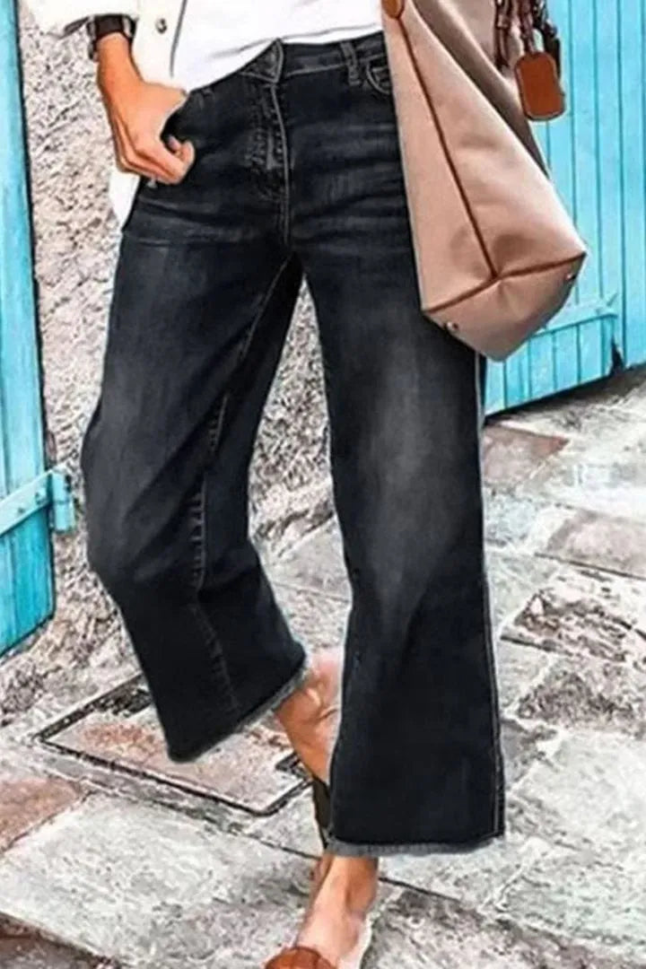 Midiross Washed Raw Hem Mid Waist Straight Leg Jeans(buy 2 free shipping)