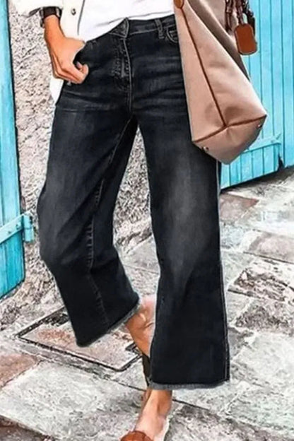 Midiross Washed Raw Hem Mid Waist Straight Leg Jeans(buy 2 free shipping)