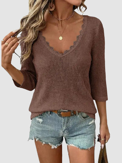 Women Lace Trim U Neck Waffle Knit Top