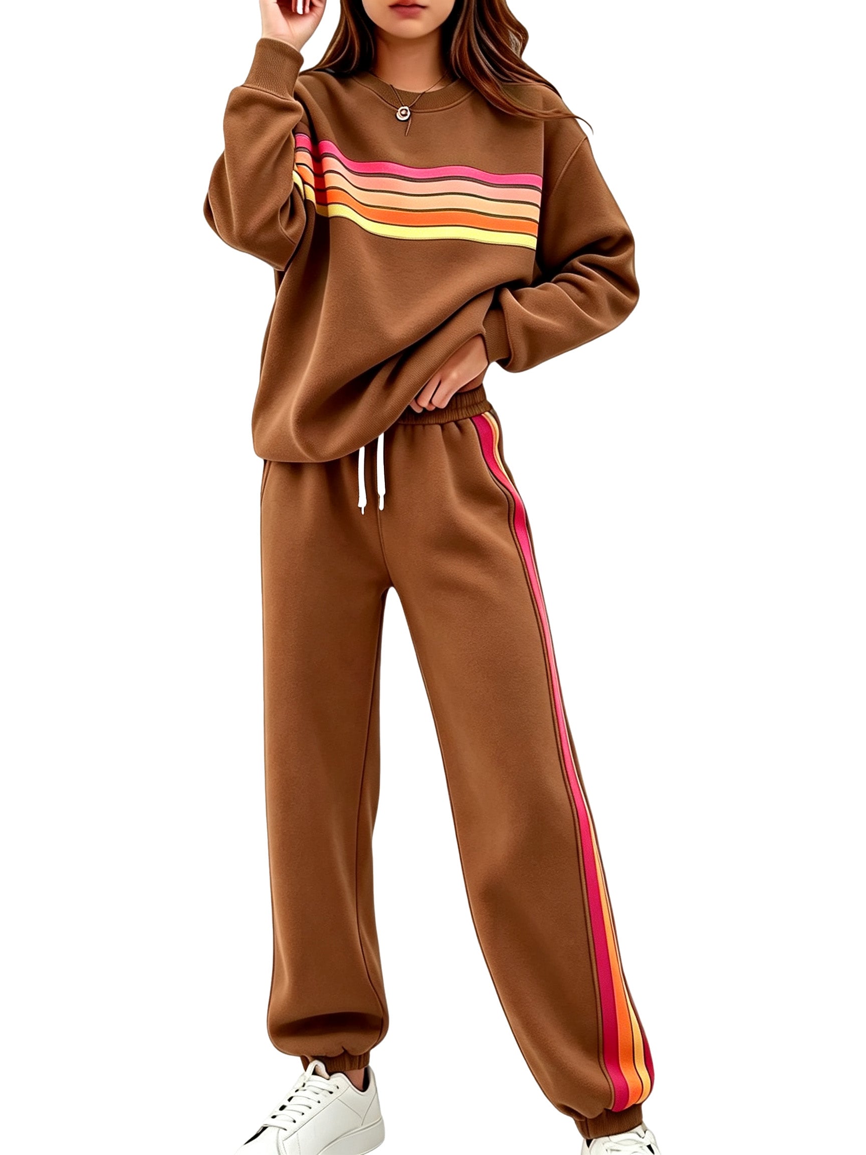 Women Retro Rainbow Stripe 2 Piece Sweat Loungewear Set