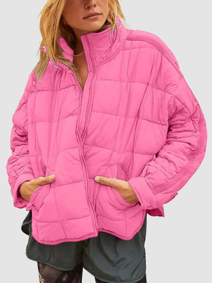 Women Lightweight Loose Fit Long Sleeve Zip Front Quilted Puffer Jacket