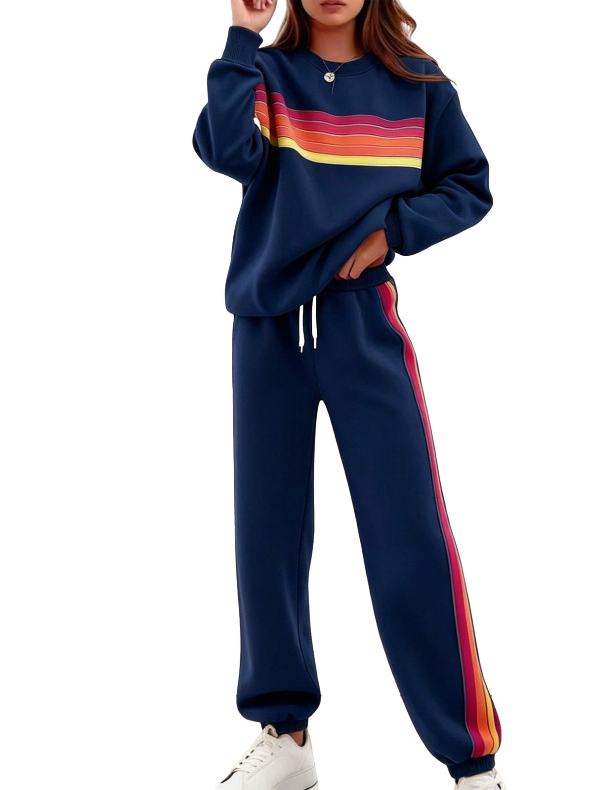Women Retro Rainbow Stripe 2 Piece Sweat Loungewear Set