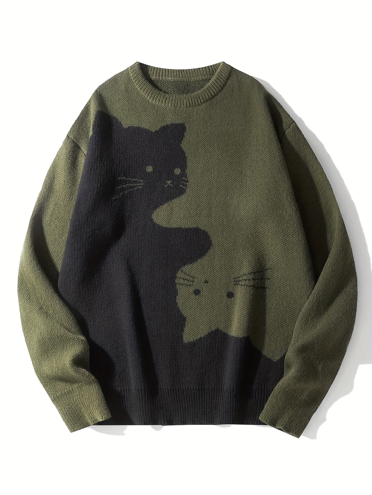Cartoon Cat Round Neck Long Sleeve Sweater Preppy Style