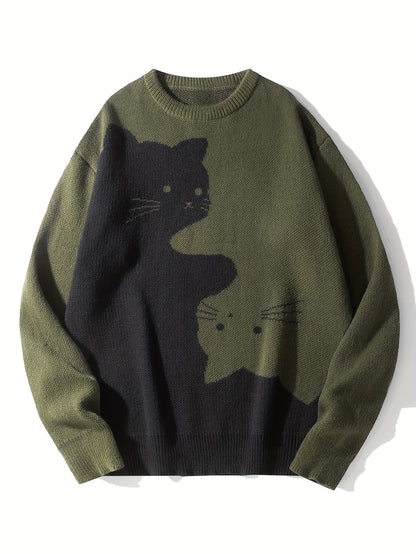 Cartoon Cat Round Neck Long Sleeve Sweater Preppy Style