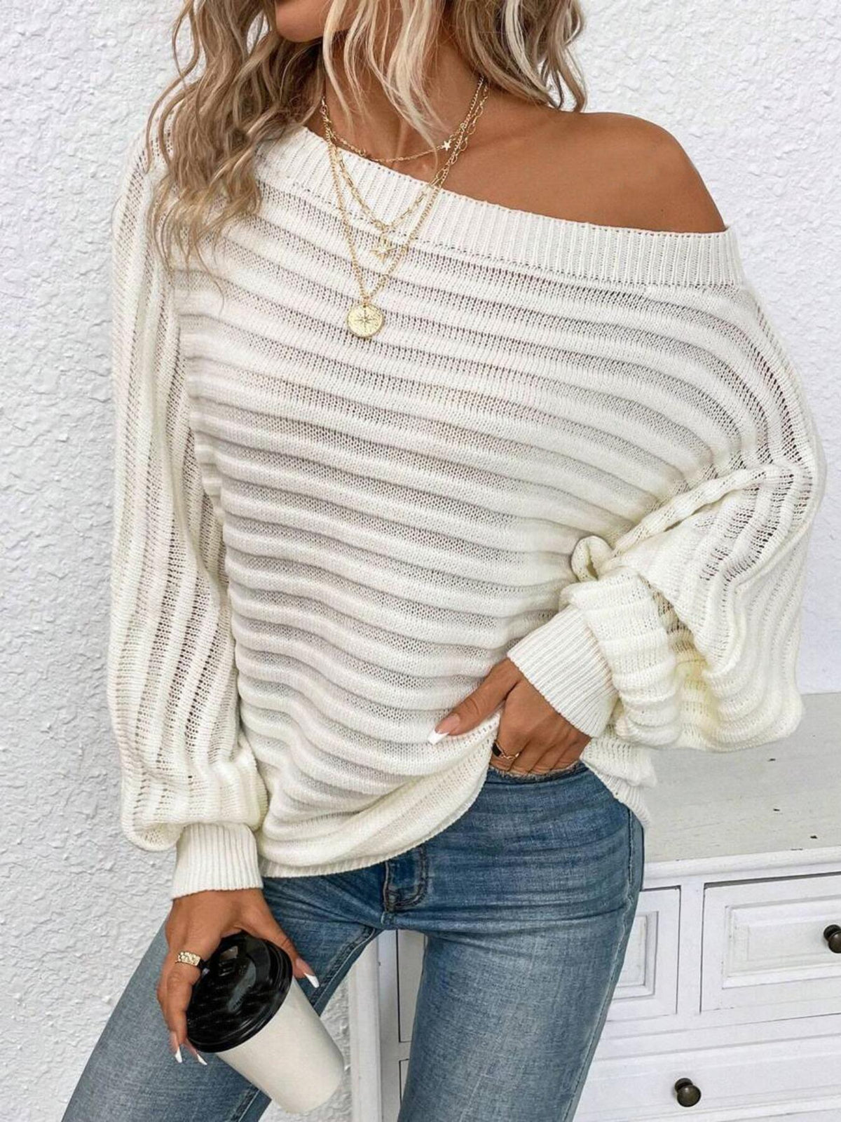 Women's Textured Off-Shoulder Long-Sleeve Batwing Sleeve Knit Top