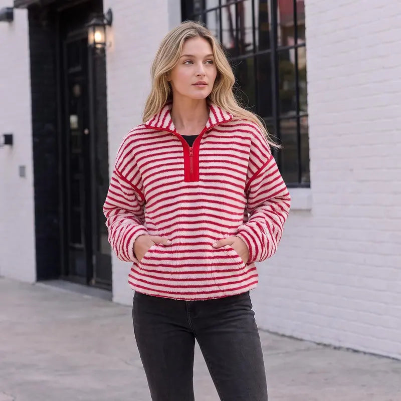Women's Striped Fleece Pullover, Zip Stand Collar Fuzzy Sweatshirt