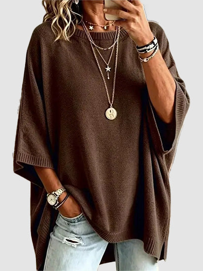 ⏰Hot Sale-Women Round Neck Side Slit Oversized Batwing Sleeve Knit Top