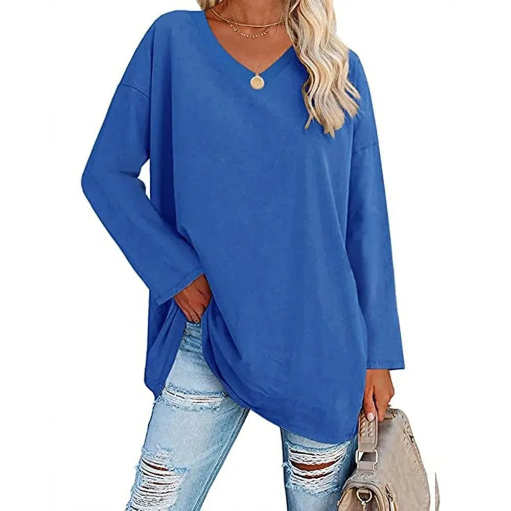 WOMENS LOOSE FASHION V-NECK TOP SHORT & LONG OPTION