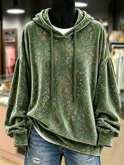 Hot Sale-Women Vintage Paisley Print Velvet Hoodie Top