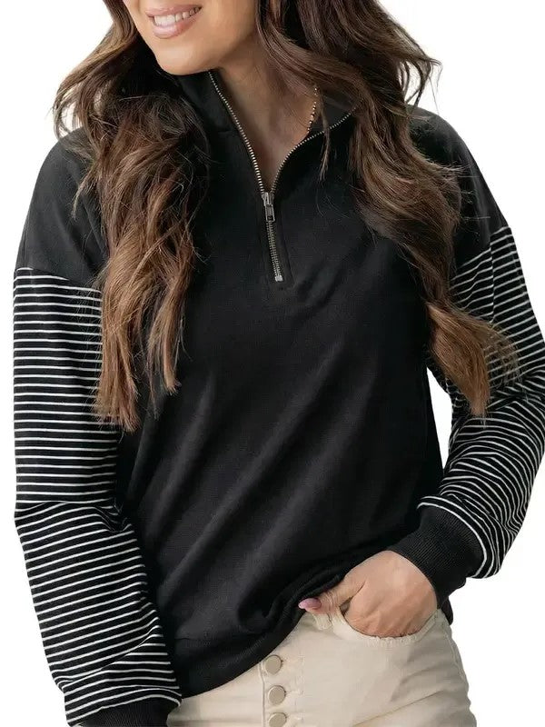 Women's Color Block Half Zip Striped Raglan Sweatshirt