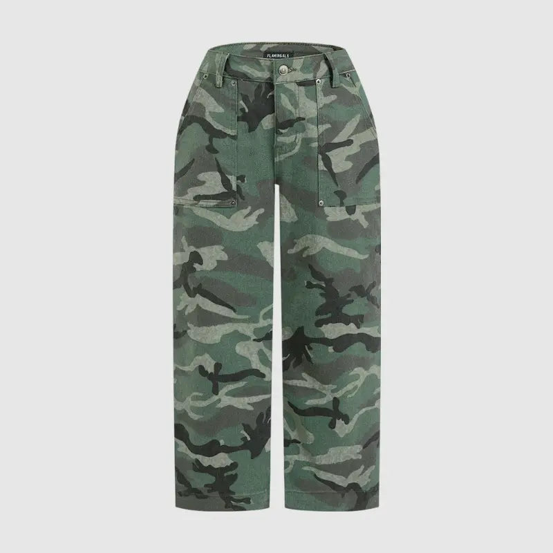 Women's stretch camouflage print mid-rise straight leg capri pants (no belt)